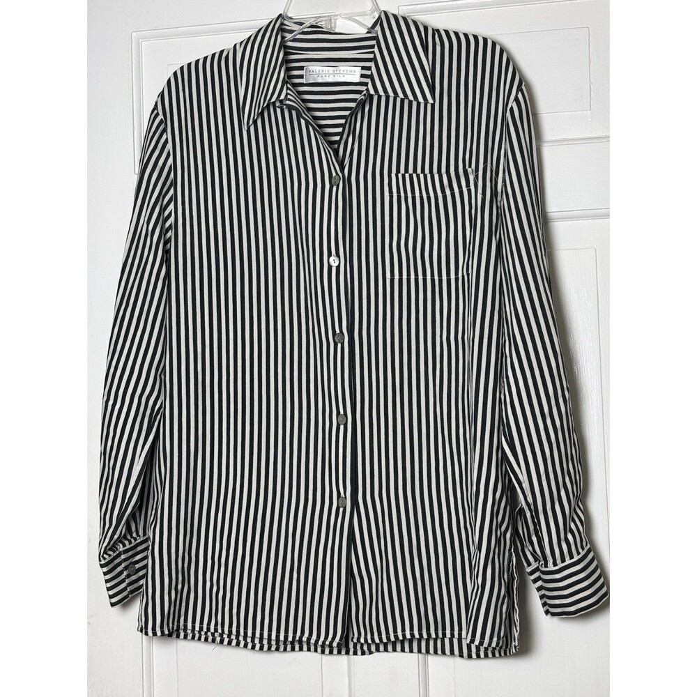 Valerie Stevens 100%Silk Blouse Women’s 6 Blk/Wht Striped Button Down Shirt